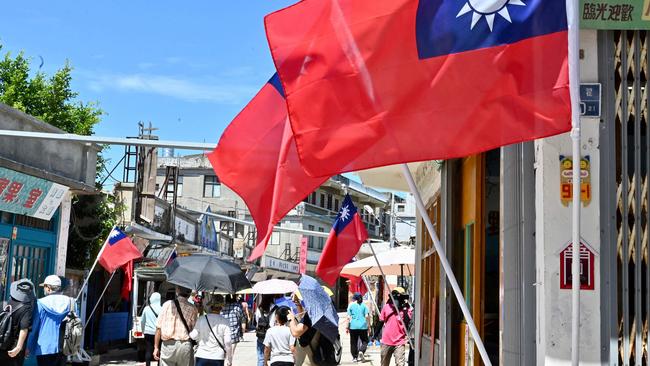 Taiwanese flags fly in Taiwan's Kinmen islands. Picture: AFP.