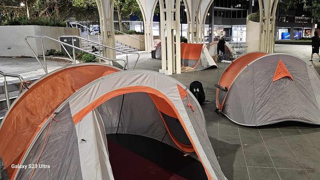 Tents lining Cathedral Square Park prior to their removal. Picture supplied