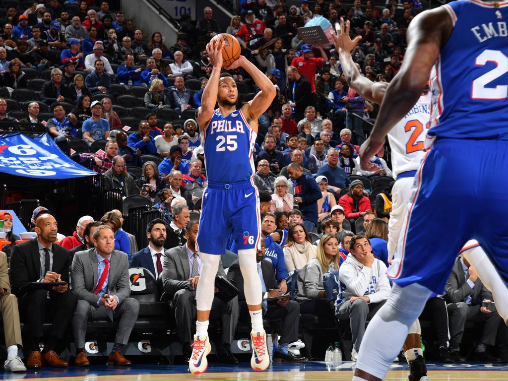 Ben Simmons shoots a three-pointer. (Photo by Jesse D. Garrabrant/NBAE via Getty Images)