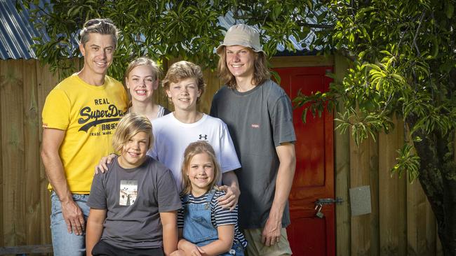 Ross Frankcombe with his children Gertie 14, Fergus 13, Felix 16, Freddie 10 and Betsy 9 at Sandy Bay. Picture: Chris Kidd