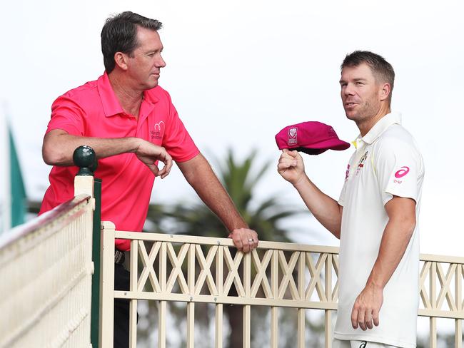 Glenn McGrath with David Warner wearing the 'Baggy Pink' in support of the McGrath Foundation. Picture: Brett Costello