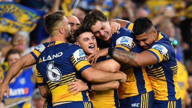 The Eels celebrate Reed Mahoney's try. Picture: Dean Lewins