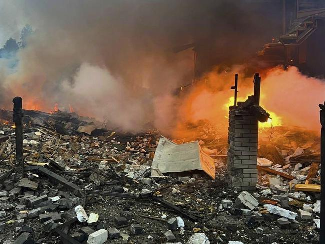 In this photo provided by the Ukrainian Emergency Service, private houses are seen ruined after a Russian drones attack in Kyiv region on May 25. Picture: Ukrainian Emergency Service via AP