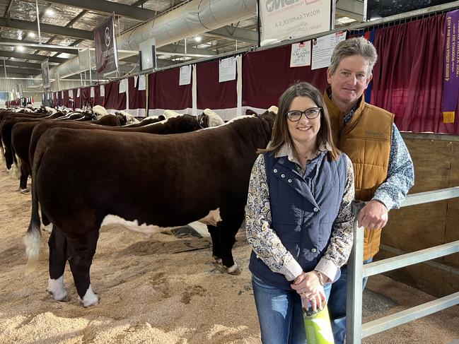 Peter and Deanne Sykes from Mawarra at Longford who won all championships at Hereford National Show and Sale.