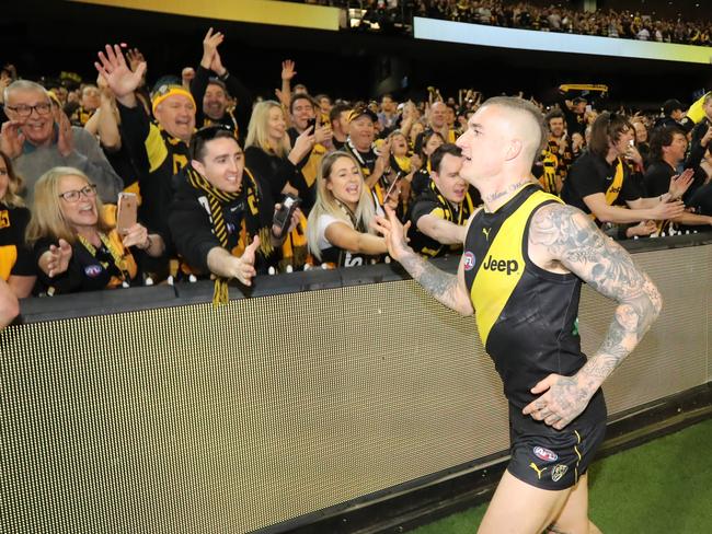 Dustin Martin greets fans after the win. Picture: Alex Coppel