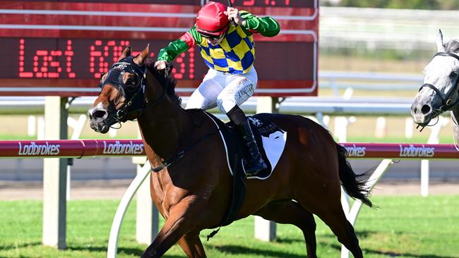 Bailey Wheeler wins the Doomben Mile aboard Tidal Creek for trainer Stuart Kendrick. Picture: Grant Peters/Trackside Photography