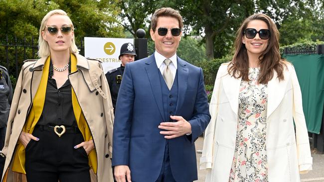 LONDON, ENGLAND - JULY 10: Tom Cruise and Hayley Atwell attend Wimbledon Championships Tennis Tournament at All England Lawn Tennis and Croquet Club on July 10, 2021 in London, England. (Photo by Karwai Tang/WireImage)