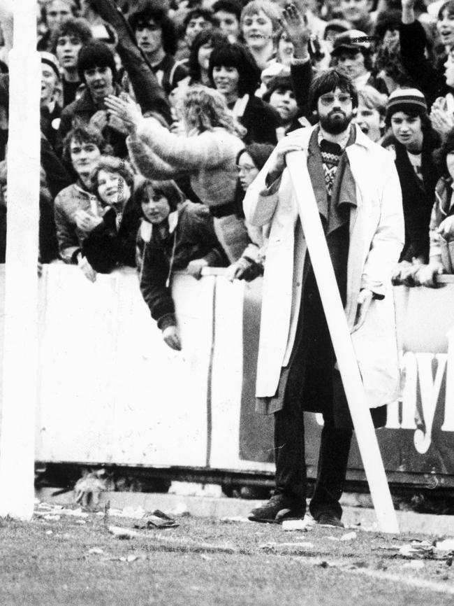 The point post is broken in half by Leigh Matthews in 1982.