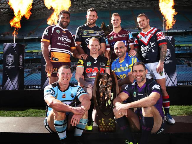 CronullaÕs Paul Gallen and StormÕs Cameron Smith (front), BroncoÕs Sam Thaiday, CowboyÕs Gavin Cooper, ManlyÕs Daly Cherry-Evans and (back) RoosterÕs Jake Friend, PenrithÕs Peter Wallace and Eels Tim Mannah  (middle) at the launch of the NRL finals with the captains photo at ANZ Stadium. Picture. Phil Hillyard