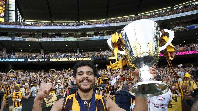 Hawthorn’s Cyril Rioli celebrates Hawthorn’s 2015 AFL premiership. Picture: David Caird