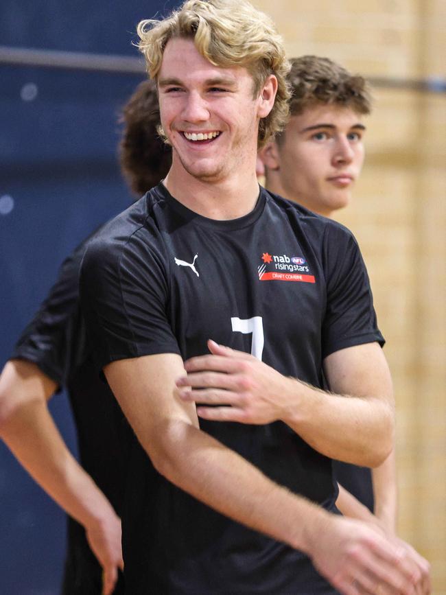 Jason Horne-Francis enjoys some banter at SA’s AFL draft combine testing. Pictures: Russell Millard