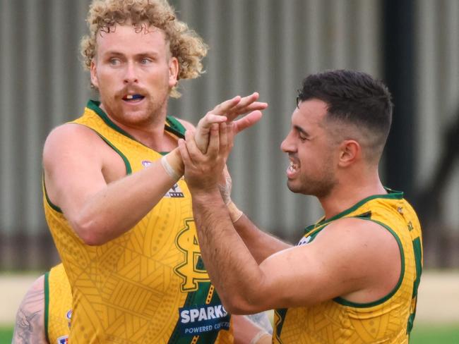 Jackson Calder and Nate Paredes celebrate a goal in Round 13 of NTFL football. Picture: Celina Whan / AFLNT Media.