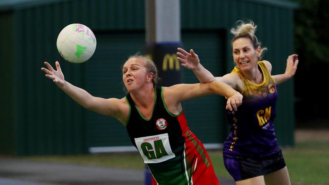 Cairns Netball Association Senior Division 1 - Round 7. South Cairns Cutters v Phoenix Fierce. Cutters' Cassie Lavrick and Fierce's Jeda Nash. PICTURE: STEWART McLEAN