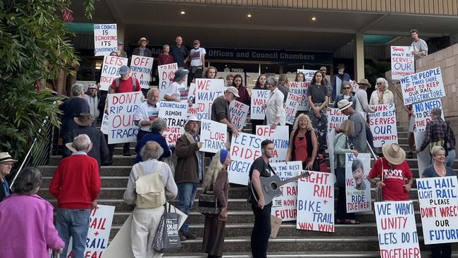 Protesters rallying to save the rail tracks at the proposed route for the Tweed Valley Rail Trail.