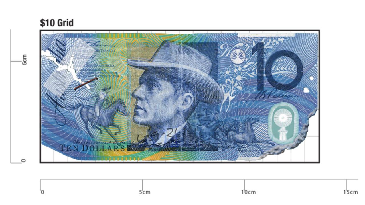 An example of an old, damaged $10 note on the RBA's assessment grid. Picture: Supplied / RBA