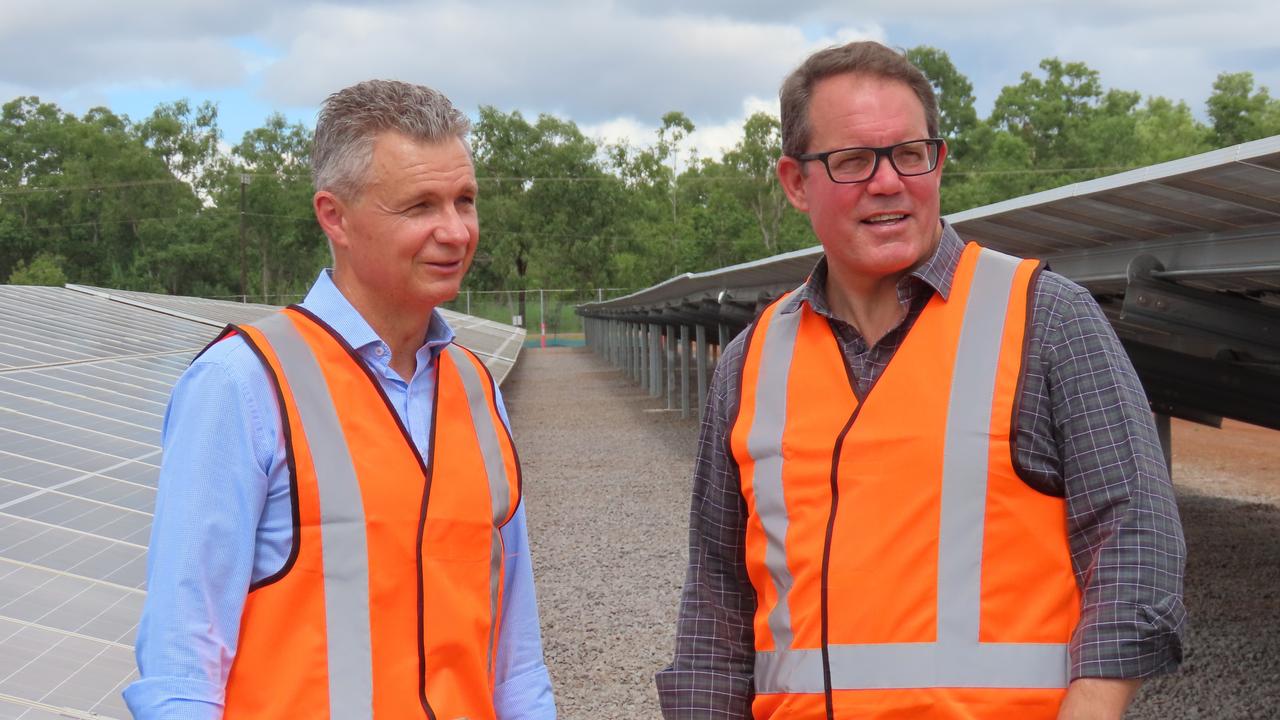 Assistant Minister for Defence Matt Thistlethwaite and Solomon MP Luke Gosling at Robertson Barracks' solar farm. Picture: Annabel Bowles