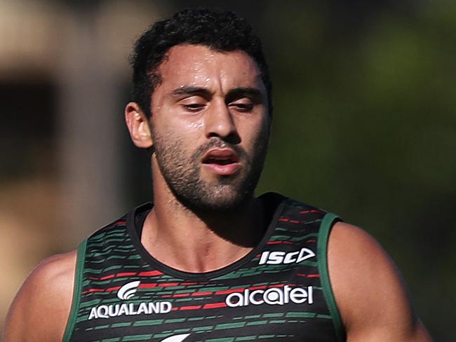 Cody Walker and Alex Johnston during South Sydney NRL training at Redfern Oval, Sydney. Picture: Brett Costello