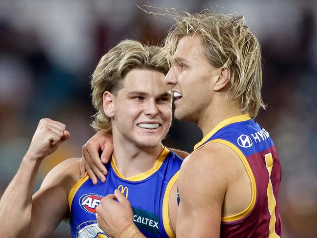 BRISBANE, AUSTRALIA - JULY 07: Will Ashcroft of the Lions celebrates a goal during the 2024 AFL Round 17 match between the Brisbane Lions and the Adelaide Crows at The Gabba on July 07, 2024 in Brisbane, Australia. (Photo by Russell Freeman/AFL Photos via Getty Images)