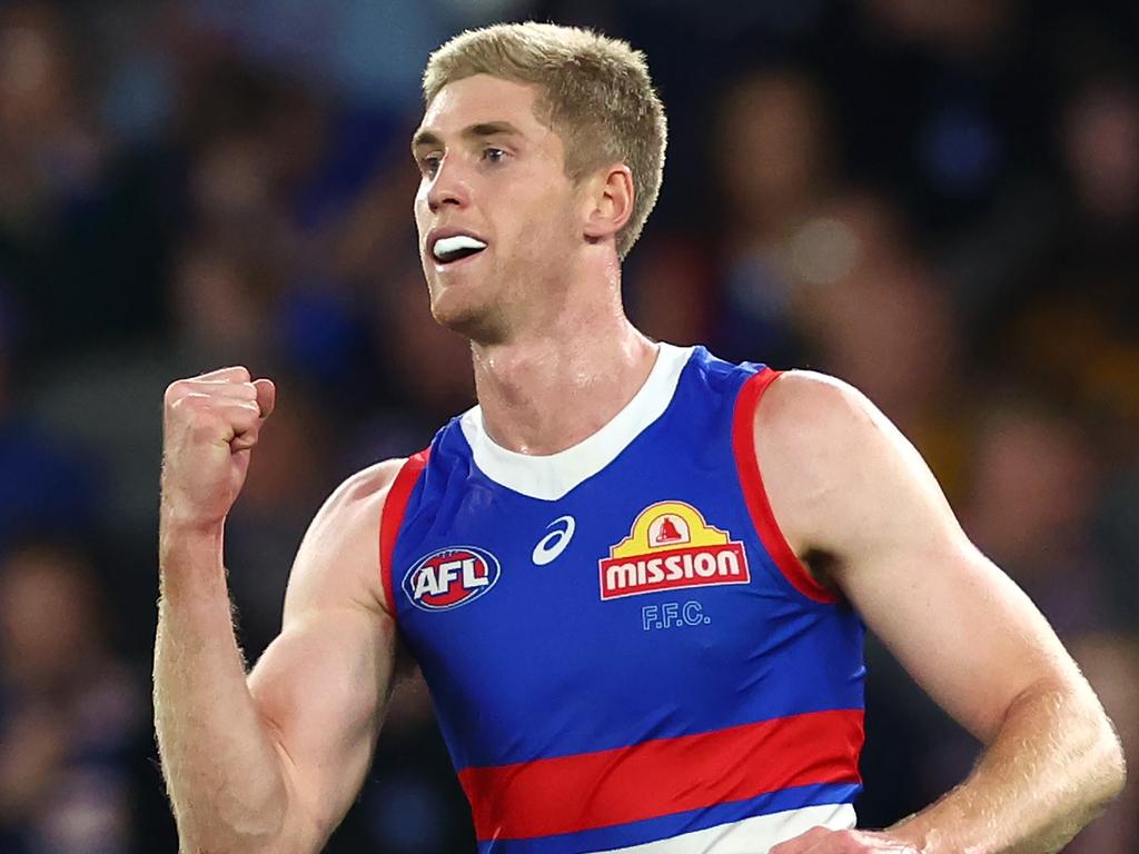 MELBOURNE, AUSTRALIA – MAY 05: Tim English of the Bulldogs celebrates kicking a goal during the round eight AFL match between Western Bulldogs and Hawthorn Hawks at Marvel Stadium, on May 05, 2024, in Melbourne, Australia. (Photo by Quinn Rooney/Getty Images)