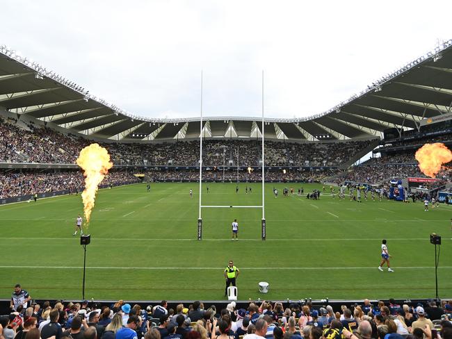 TOWNSVILLE, AUSTRALIA - MARCH 04: A general view is seen as players take to the field before the round one NRL match between the North Queensland Cowboys and the Canberra Raiders at Qld Country Bank Stadium on March 04, 2023 in Townsville, Australia. (Photo by Albert Perez/Getty Images)