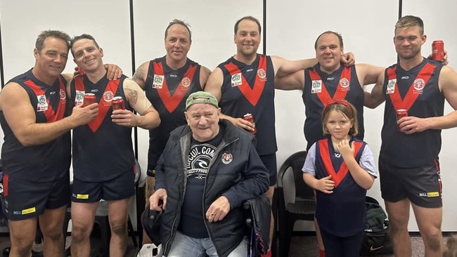 Powelltown's Walker family, from left, Michael Walker, 47, Jonnie Walker, 34, Terry Walker, 46, Jason Walker, 31, Bobby Walker, 38, Lindon Walker, 35. The brothers’ dad, Robert, is at the front, with Bobby’s daughter, Evie. Picture: Facebook