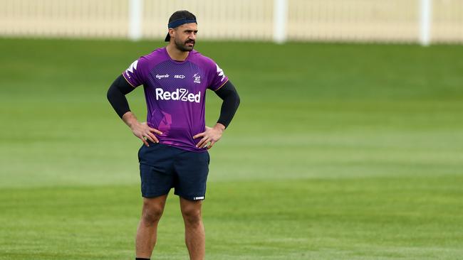 Jesse Bromwich looks on during a Melbourne Storm training session in Albury. Picture: Robert Cianflone/Getty Images