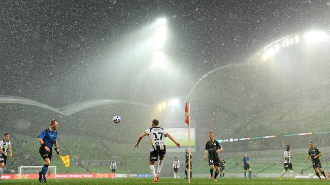 Macarthur FC play Western United at AAMI Park during Friday night’s storm. Picture: Getty Images