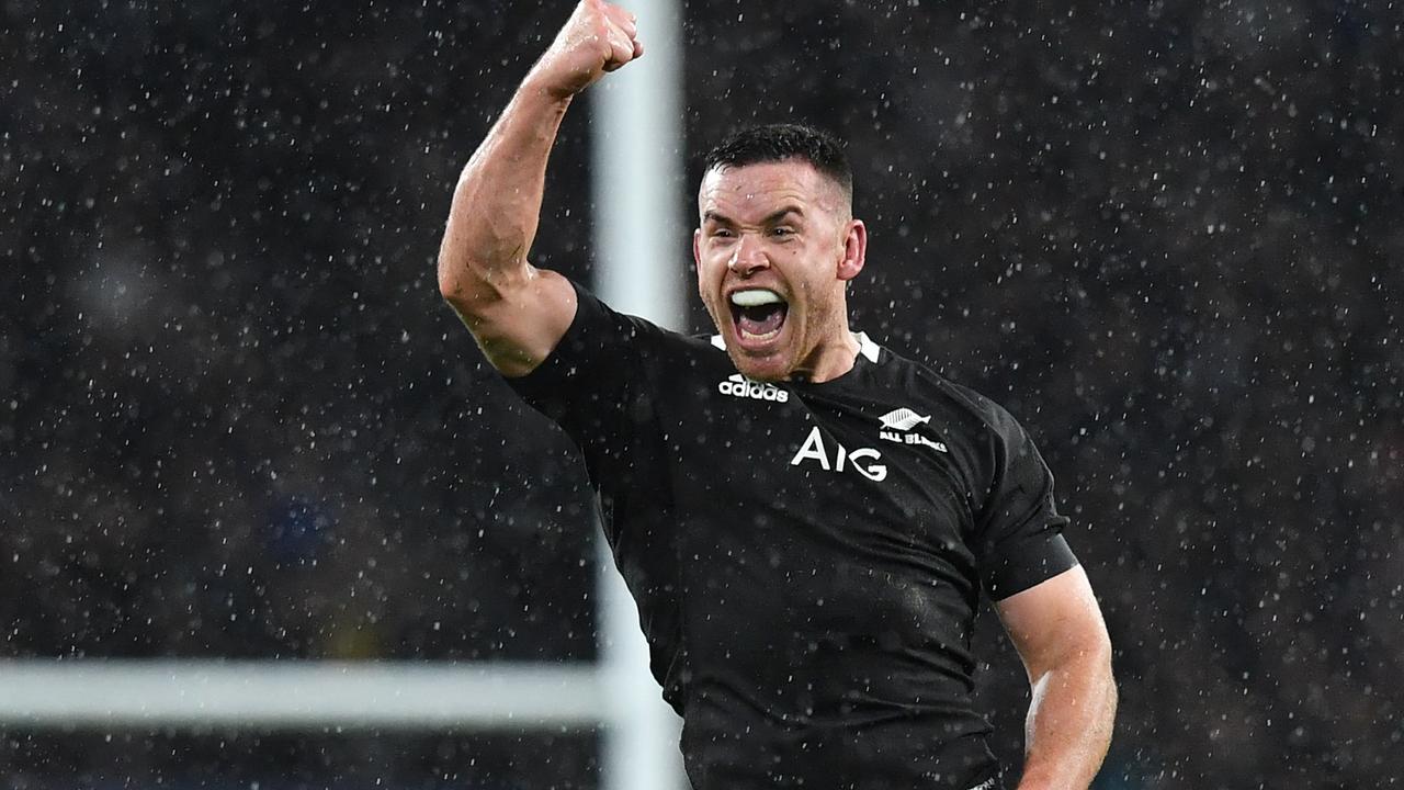 New Zealand’s Ryan Crotty celebrates on the final whistle at Twickenham.