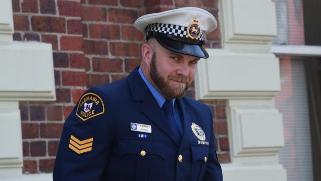 Tasmania Police Sergeant Alex Bonde leaving Launceston Supreme Court after giving evidence in the murder trial of Bobby Medcraft. Picture: Alex Treacy