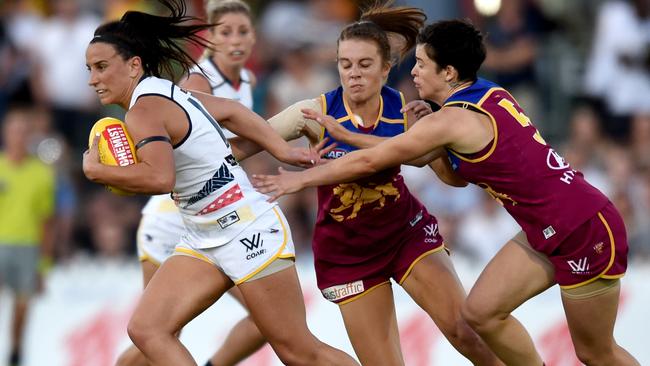 Jessica Sedunary takes off for the Crows against the Lions. Adelaide will get a chance to avenge its minor-round loss in the grand final. Picture: Sam Wundke