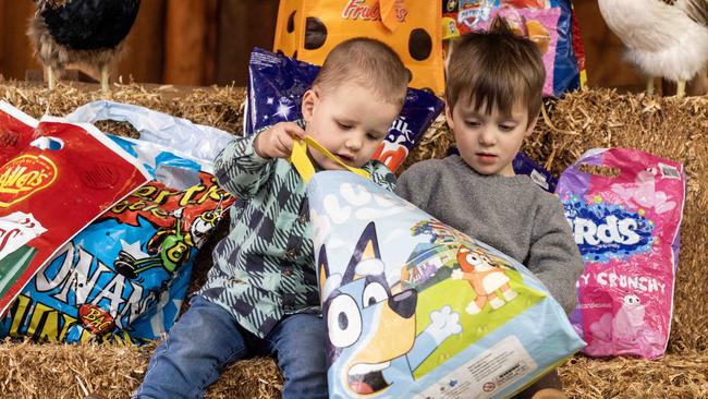 Alfie, four, and Jacob, two, are excited to take a look inside the Showbags at the Adelaide Royal Show. Picture: NCA NewsWire / Kelly Barnes