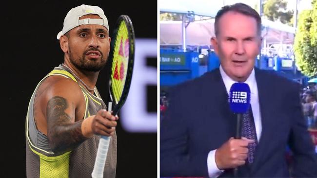 Nick Kyrgios called Tony Jones a “clown” on Sunday. Photo: Channel 9 and Getty.