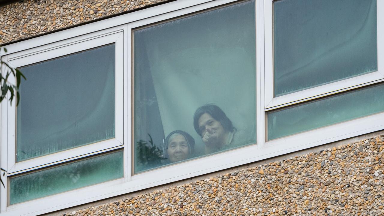 Public housing tenants in one of the Melbourne towers locked down by Victorian Premier Daniel Andrews. Picture: Jay Town