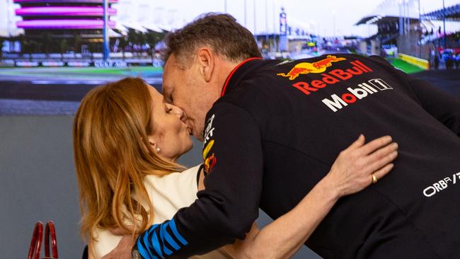 Christian Horner kisses wife Geri Horner ahead of the F1 Grand Prix of Bahrain. (Photo by Kym Illman/Getty Images)