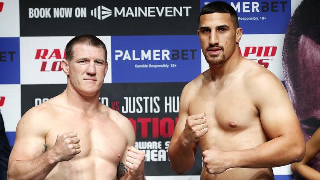 Heavyweight contenders Paul Gallen and Justis Huni weigh in ahead of their bout at Aware Super Theatre in Sydney. Picture: Toby Zerna