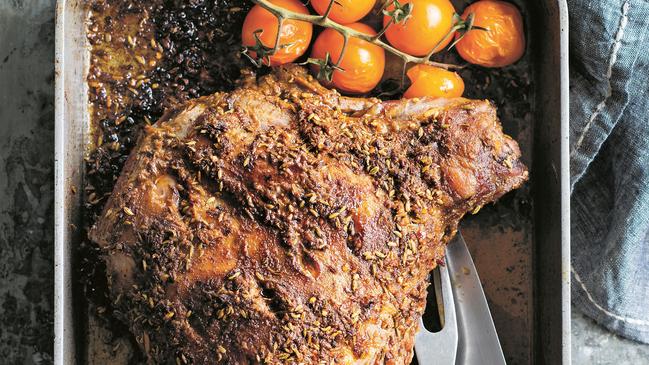 EMBARGO FOR TWAM, 18 JANUARY 2025. FEE MAY APPLY. Spice-rubbed roast leg of lamb from Middle Eastern Feasts by Michael Rantissi & Kristy Frawley, photography by Alan Benson. Murdoch Books RRP $39.99.