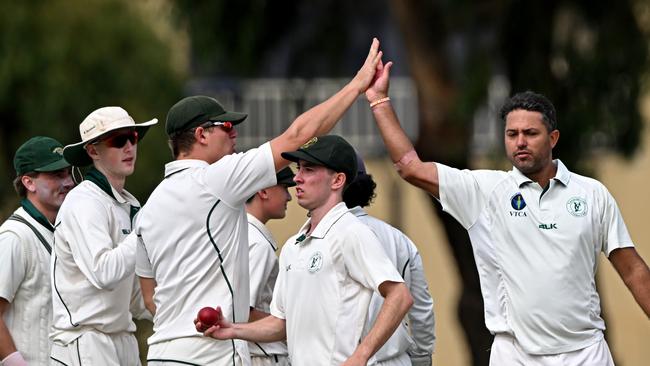 Yarraville ClubÃs Mitchell Johnstone celebrates during the VTCA Yarraville Club v Deer Park Grand Final cricket match in West Footscray, Saturday, March 25, 2023.Picture: Andy Brownbill