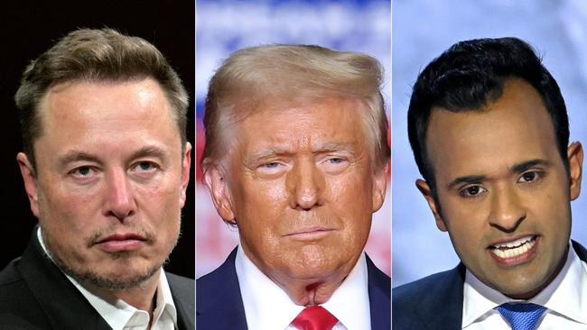 Elon Musk, left, and former Republican presidential hopeful Vivek Ramaswamy, right, are together tasked by Donald Trump, centre, with slashing the size and cost of the US government. Picture montage: AFP