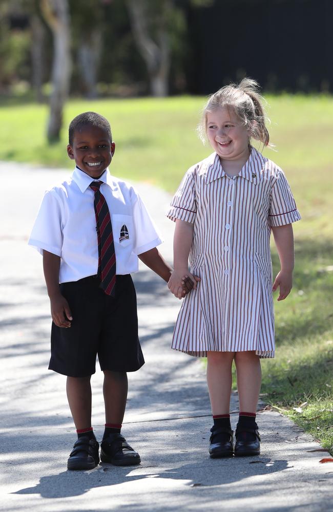 Laughing with Harper and Ethan at Lakes Grammar – An Anglican School in Warnervale. Picture: Sue Graham