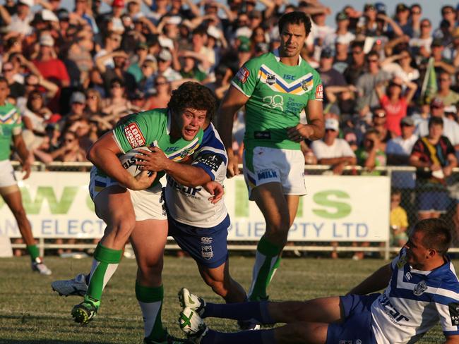 Action during the Canberra Raiders v Canterbury Bulldogs NRL trial game at McDonalds Park in Wagga Wagga, NSW.