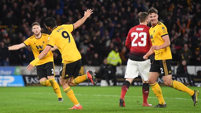 Raul Jimenez of Wolverhampton Wanderers celebrates after scoring his team's first goal during their FA Cup quarter-final against Manchester United at Molineux. Picture: Getty Images