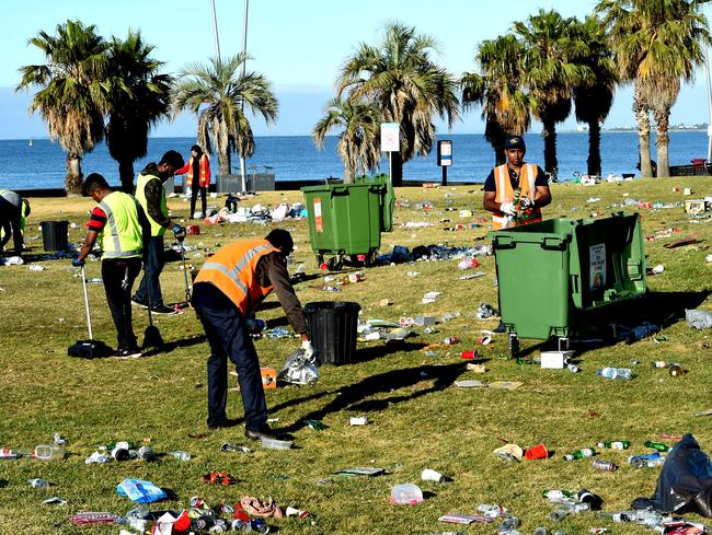 Rubbish is scattered everywhere on the foreshore this morning. Picture: Nicole Garmston