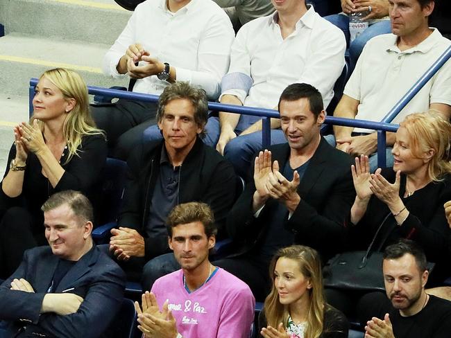 Christine Taylor, Ben Stiller, Hugh Jackman and Deborra-Lee Furness attend the Men’s Singles Quarterfinals match between Novak Djokovic of Serbia and Jo-Wilfried Tsonga of France on Day Nine of the 2016 US Open at the USTA Billie Jean King National Tennis Center on September 6, 2016. Picture: Getty