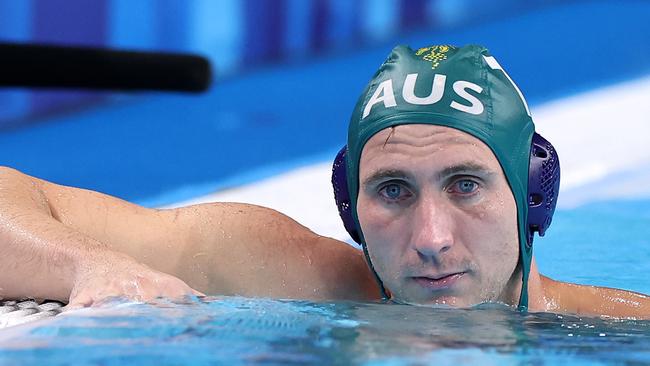 NANTERRE, FRANCE - AUGUST 07: Luke Pavillard of Team Australia looks dejected after losing the Men's Quarterfinal match between Team United States and Team Australia on day twelve of the Olympic Games Paris 2024 at Paris La Defense Arena on August 07, 2024 in Nanterre, France. (Photo by Quinn Rooney/Getty Images)