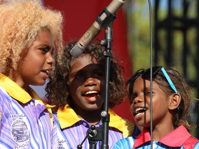 Students from Barunga Remote Community School proudly performing the song about their local water hole. Picture: Justine Taylor