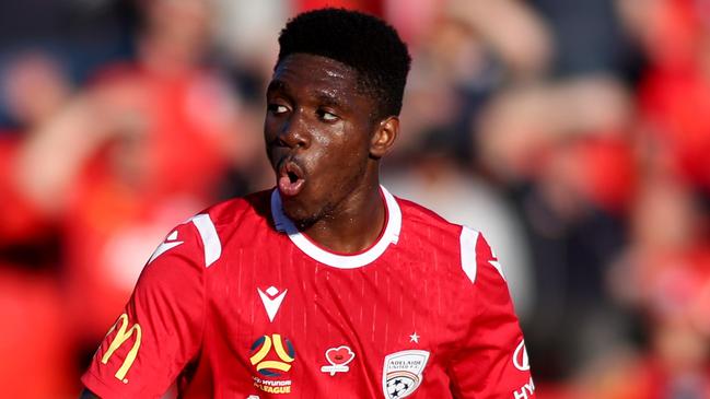 Al Hassan Toure of United reacts after missing a shot on goal during the Round 5 A-League match between Adelaide United and Brisbane Roar at Coopers Stadium in Adelaide, Sunday, November 10, 2019. (AAP Image/Kelly Barnes) NO ARCHIVING, EDITORIAL USE ONLY