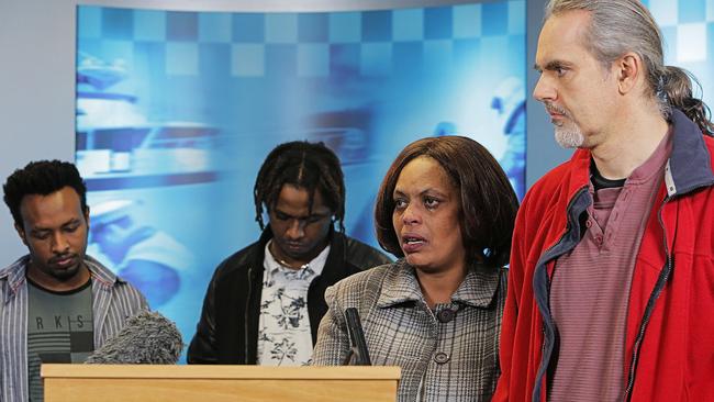 Nazrawi Samson Woldemichael’s family, from left, Gethaneh Alemayehu, brother Promise Tikiste, Hirut Woldemichael and her partner Darron Lehmann at a Tasmania Police press conference. Picture: MATHEW FARRELL