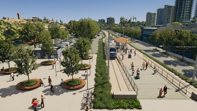 Artist impression of Gold Coast Light Rail Stage 4 between Tugun and Coolangatta, including Gold Coast Airport and the NSW border. Picture: Department of Transport and Main Roads.