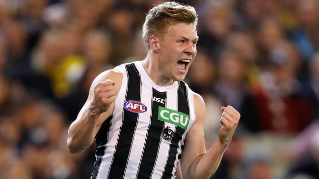 Jordan De Goey celebrates a goal for the Magpies. Picture: Getty Images