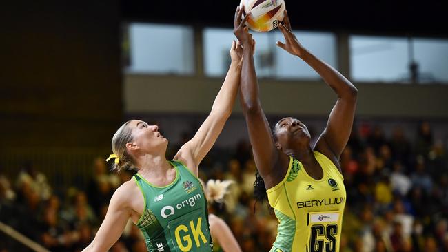 Courtney Bruce of Australia competes with Jamaica’s captain Jhaniele Fowler. Picture: Ashley Vlotman/Gallo Images/Netball World Cup 2023